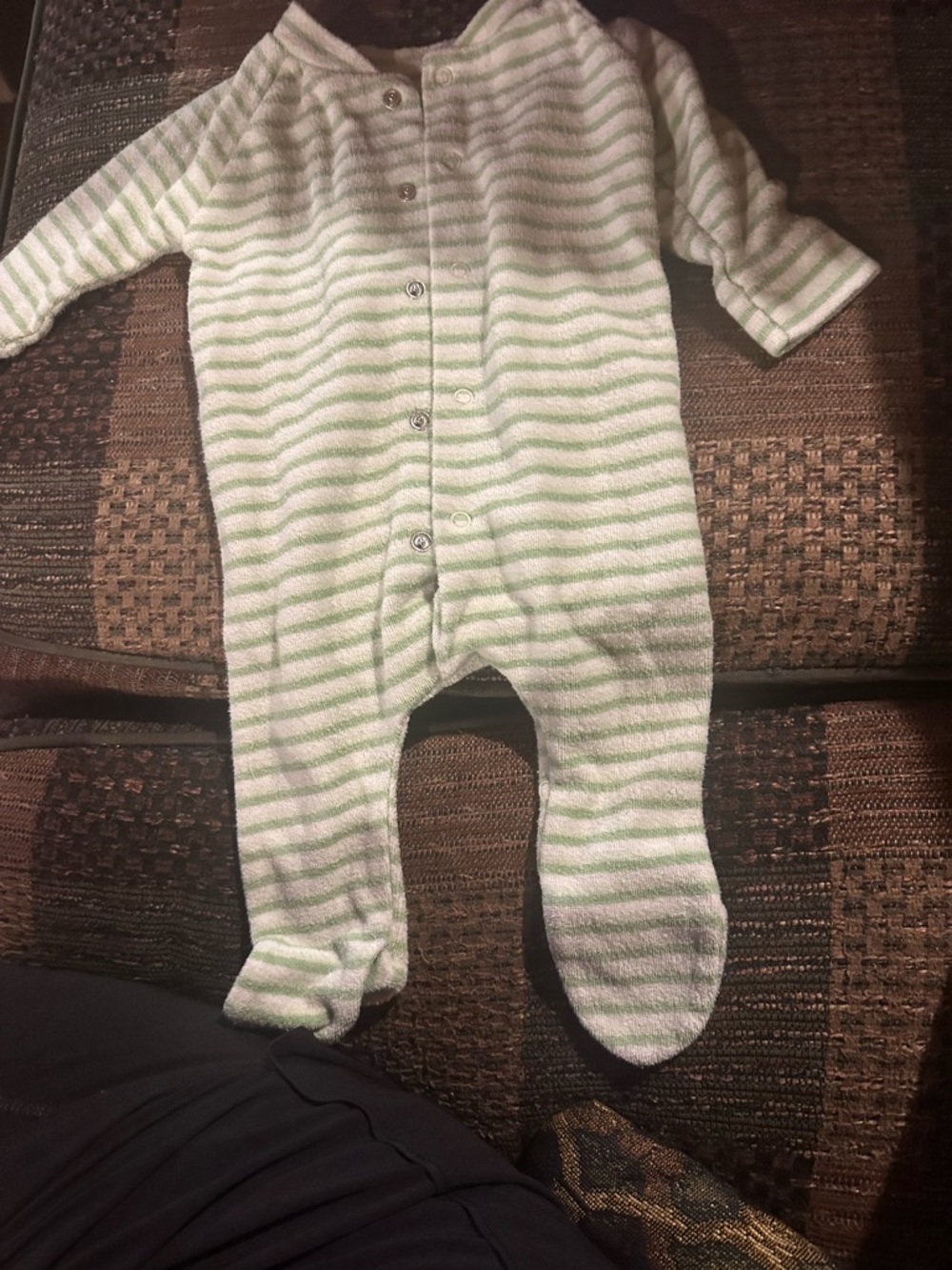 Cozy White & Light Green Striped Baby Footed One-Piece